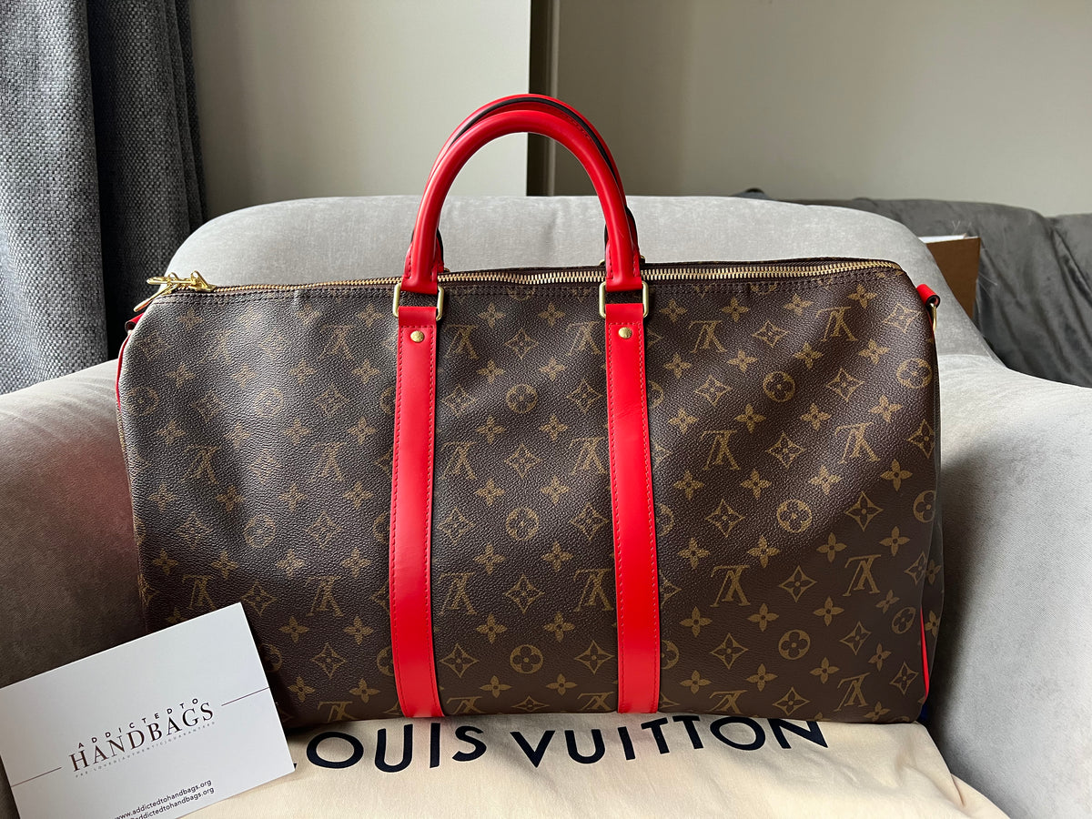 Louis Vuitton Keepall 50 Bandouliere Monogram with Red Coquelicot Trim –  Vault 55