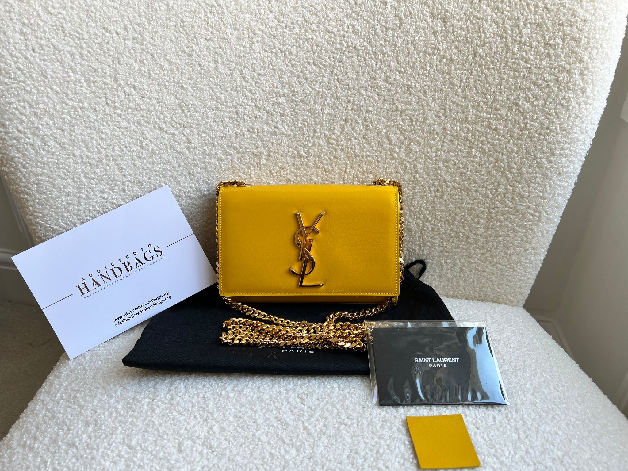 Yves Saint Laurent YSL Small Kate Yellow Patent with Gold Hardware Addicted to Handbags