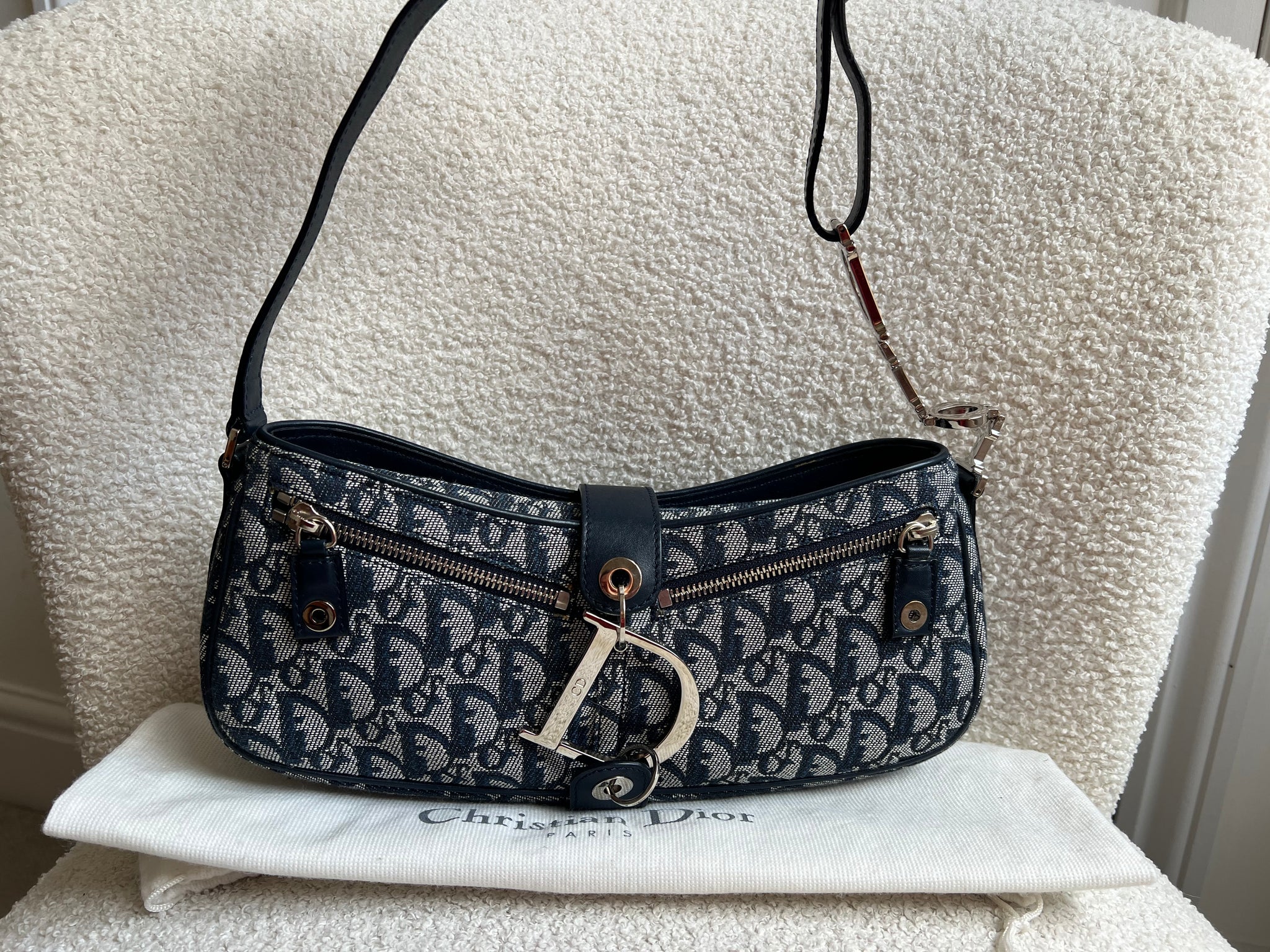 Christian Dior Navy Blue Oblique Denim and Leather D Charm