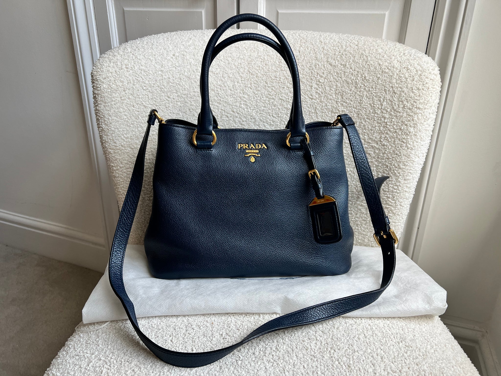 Prada Blue Vitello Daino Two Way Tote – Addicted to Handbags