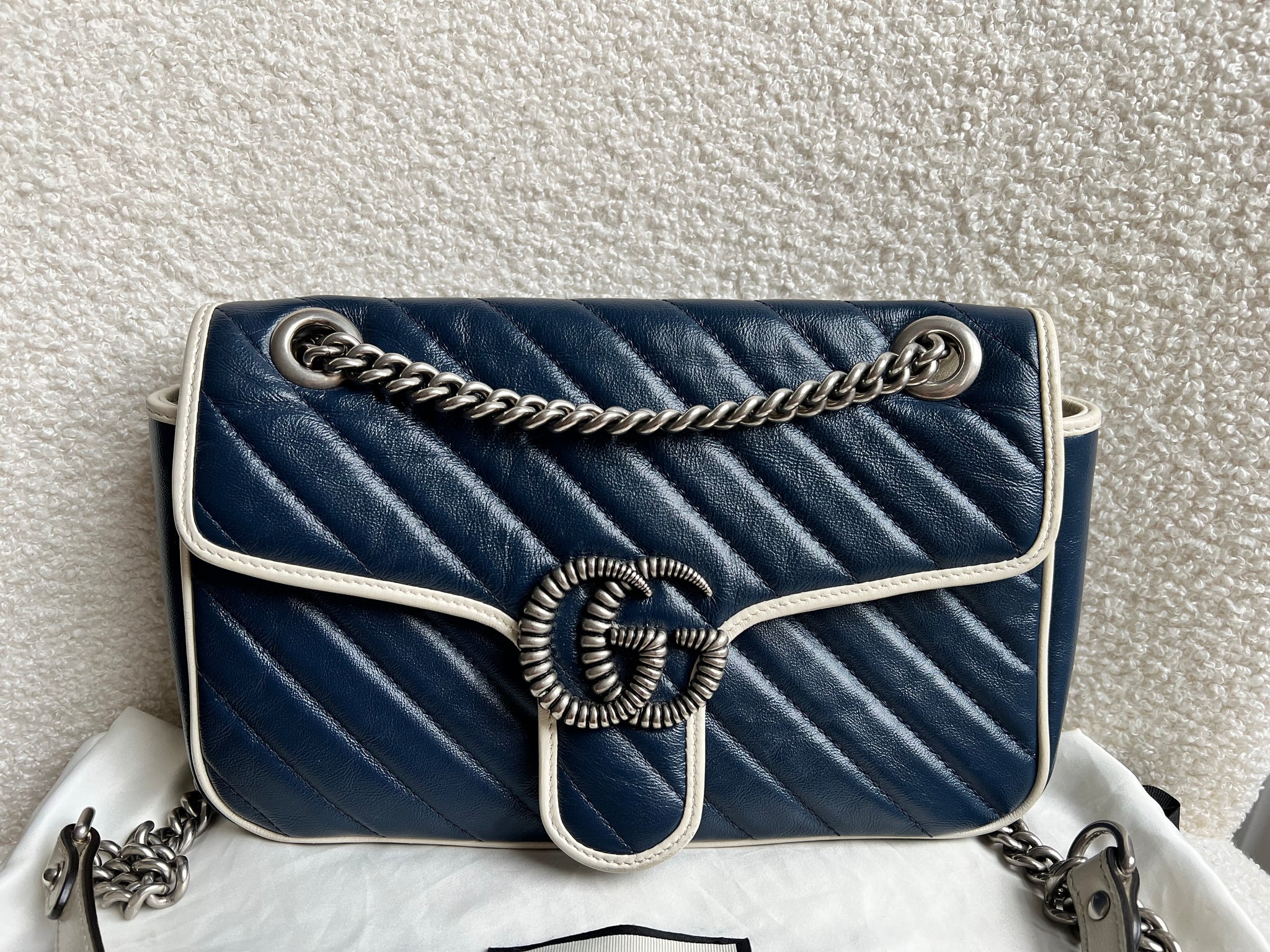 Gucci GG Navy and White Torchon Marmont Small Shoulder Bag 