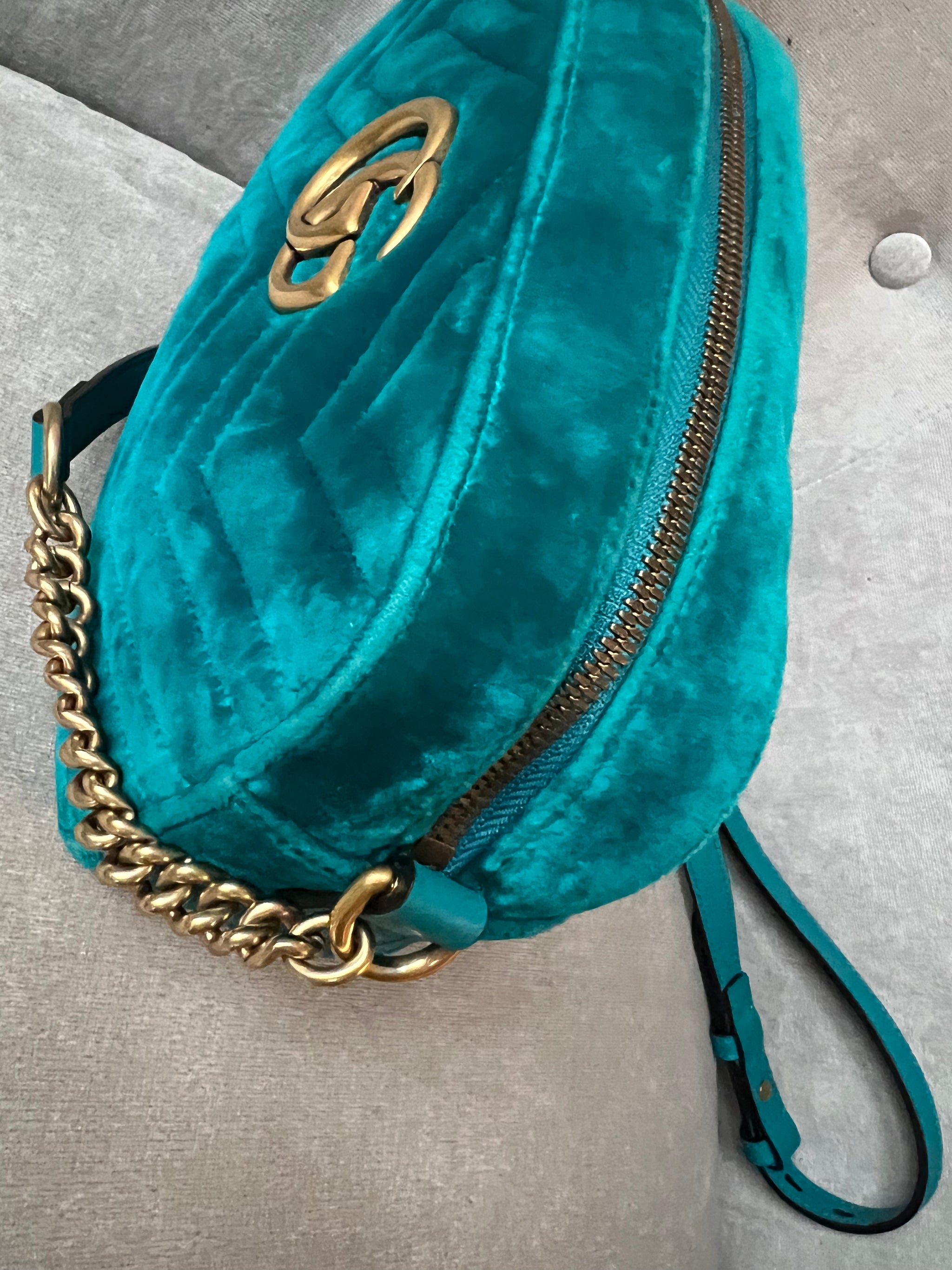 Gucci GG Teal Velvet Marmont Small Shoulder Bag Addicted to Handbags