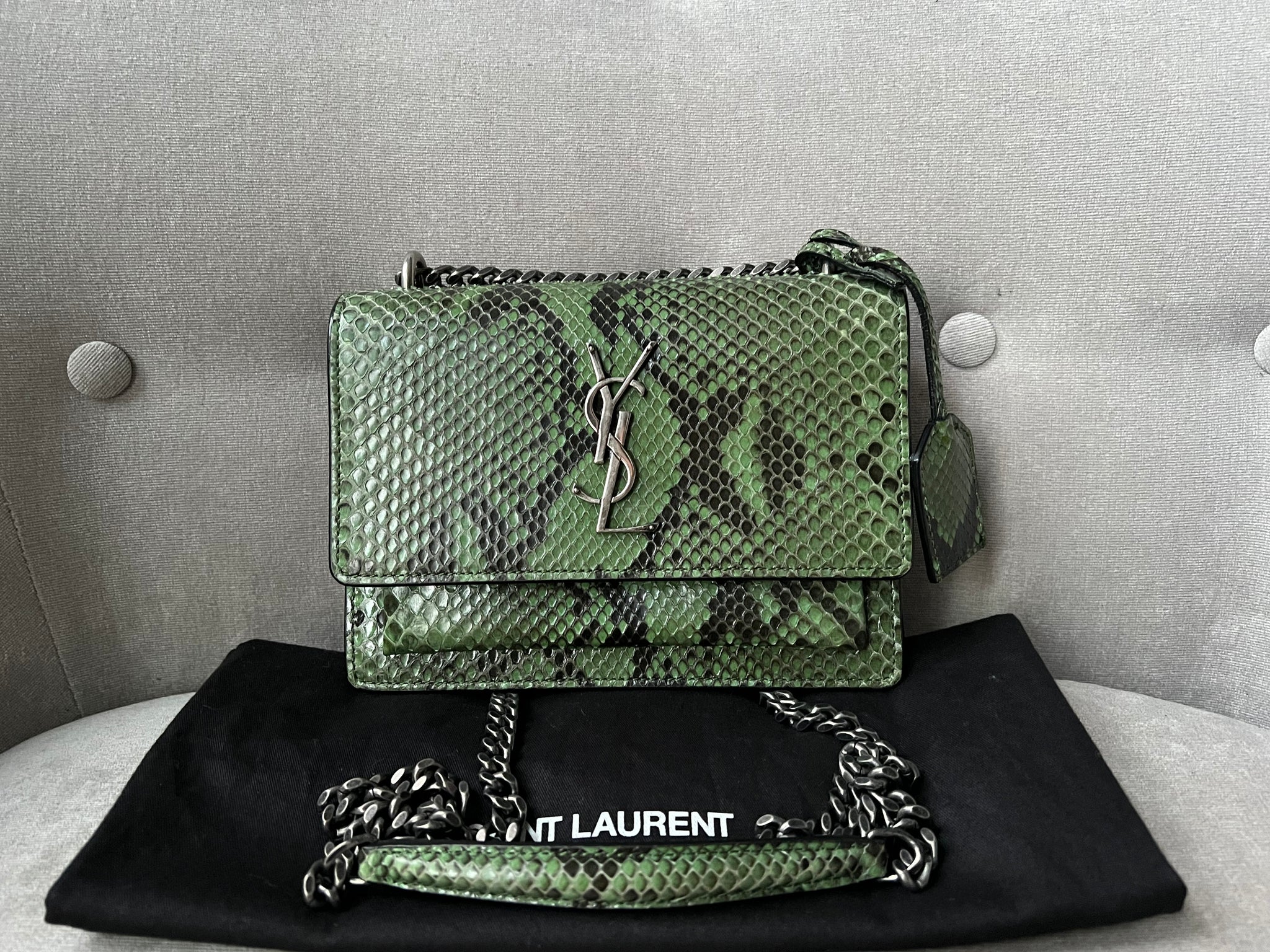 Yves Saint Laurent YSL Snake Print Small Sunset with Ruthenium Hardw Addicted to Handbags