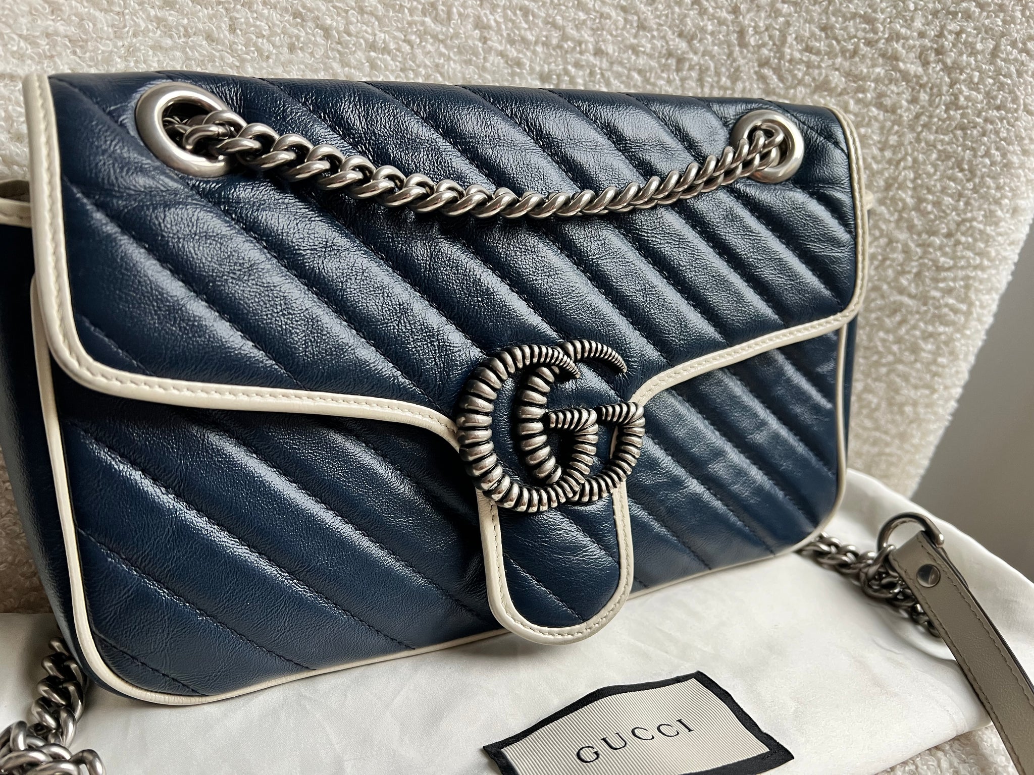 Gucci GG Navy and White Torchon Marmont Small Shoulder Bag 
