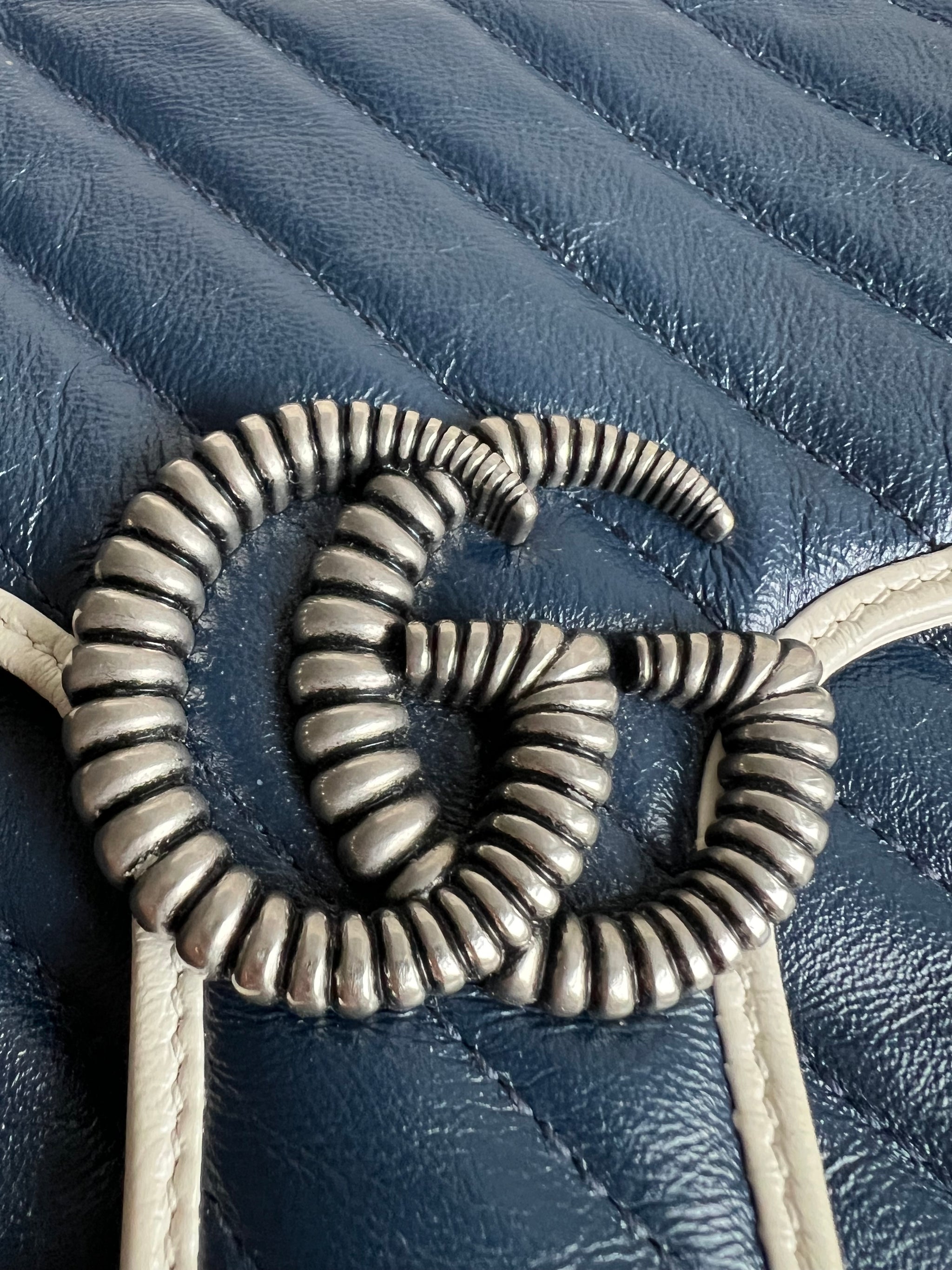 Gucci GG Navy and White Torchon Marmont Small Shoulder Bag 