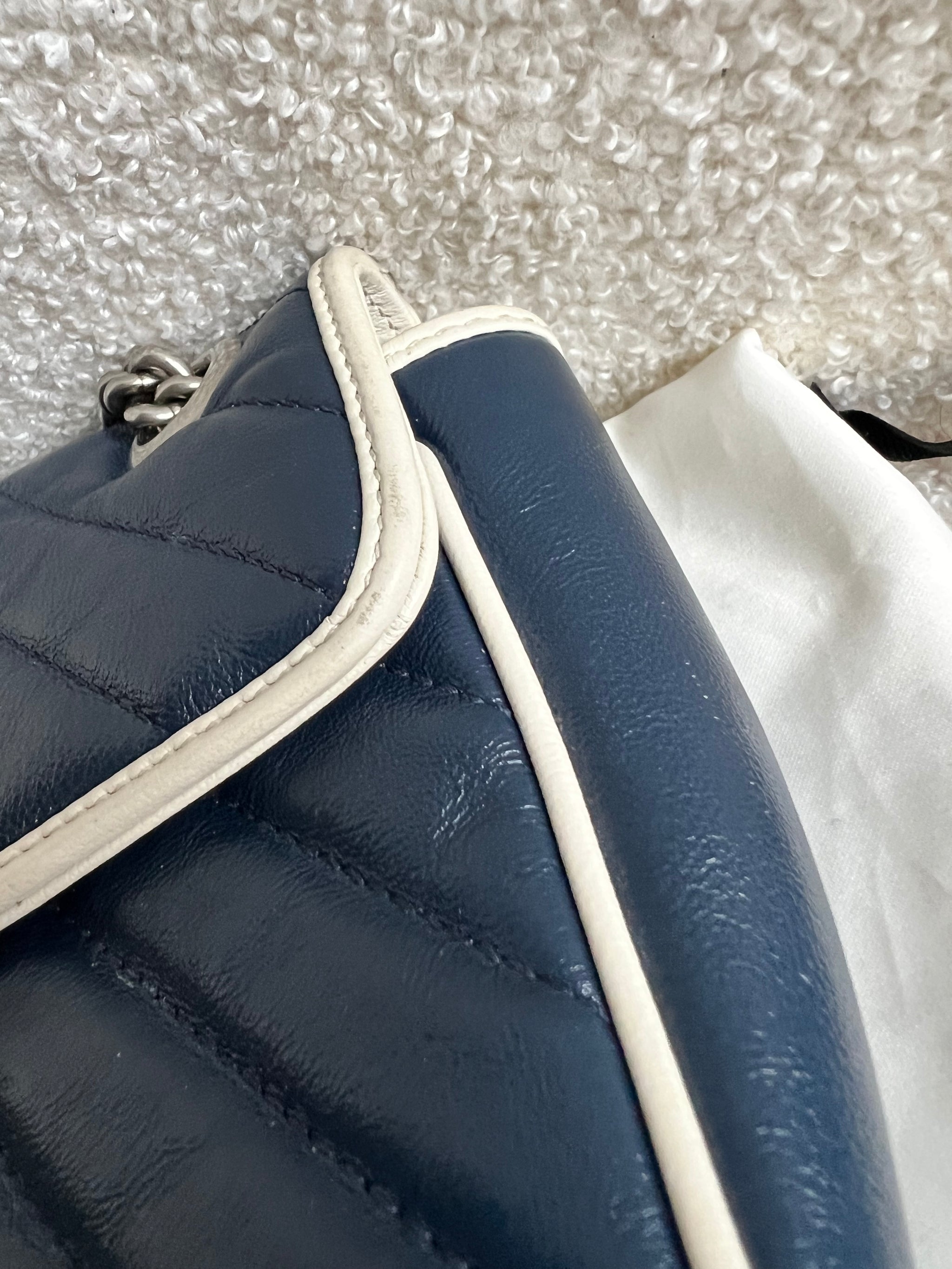 Gucci GG Navy and White Torchon Marmont Small Shoulder Bag