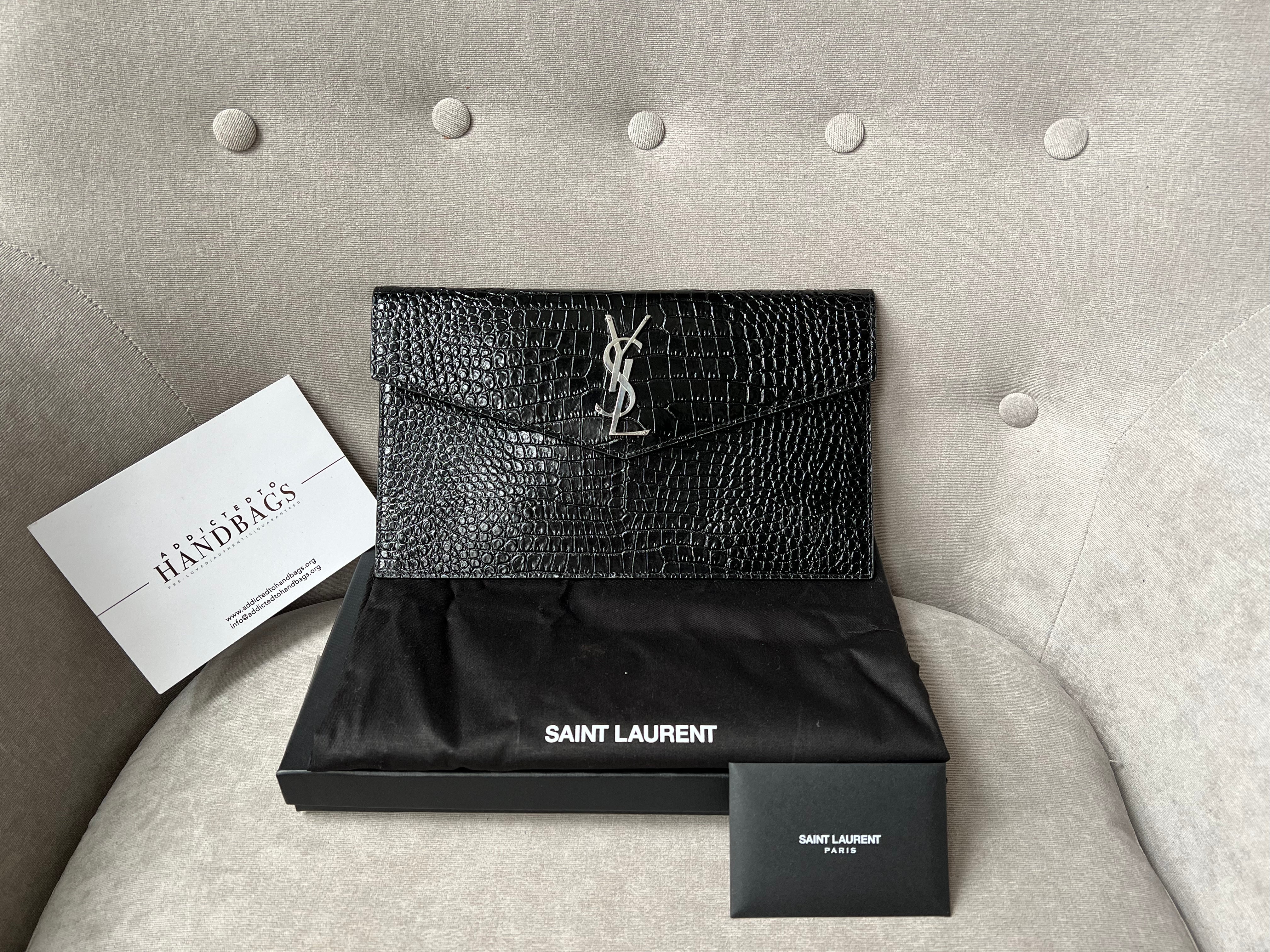 YSL UPTOWN POUCH IN CROCODILE EMBOSSED SHINY LEATHER