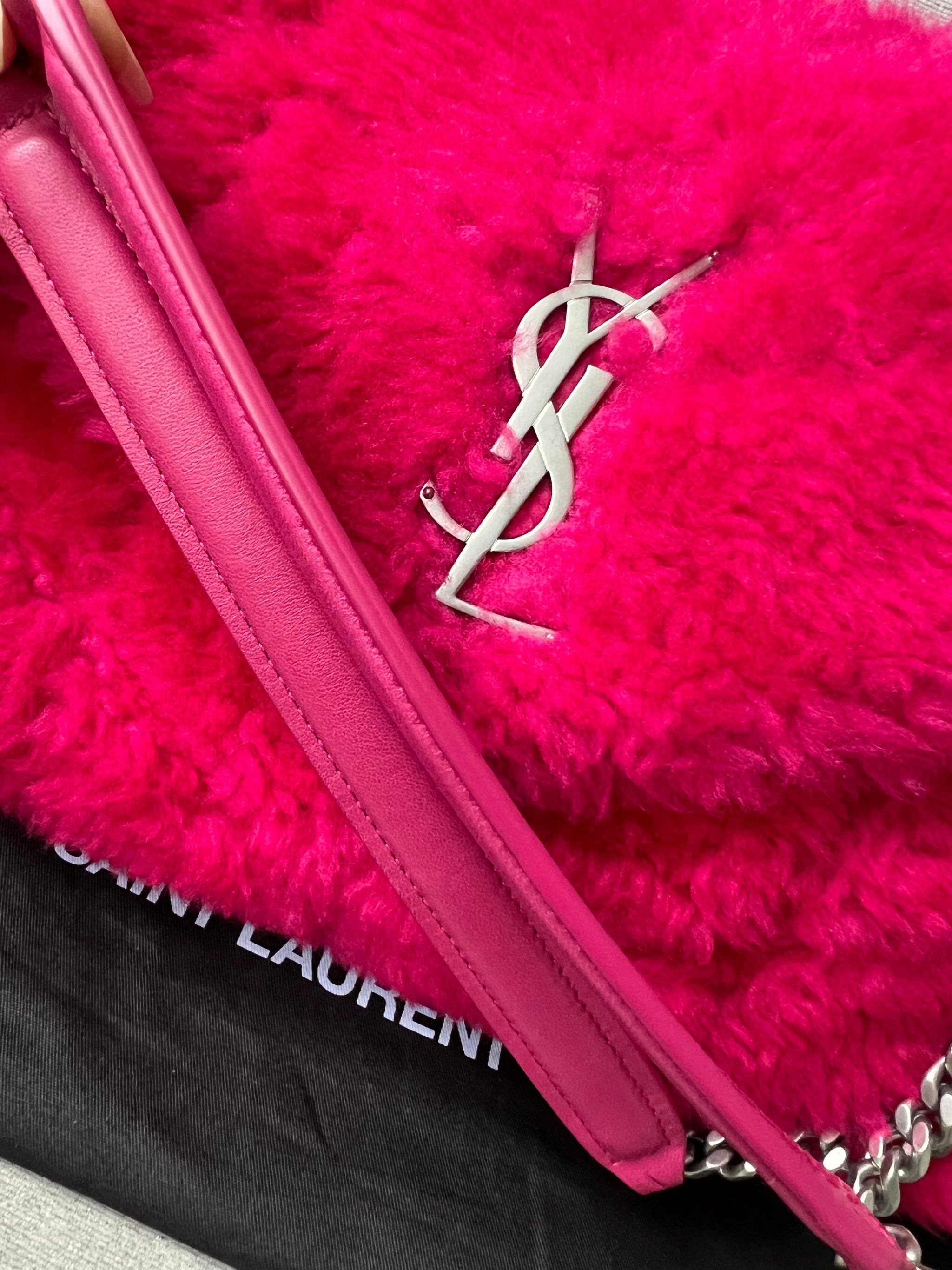 Yves Saint Laurent YSL Small Puffer in Pink Shearling with Silver Ha Addicted to Handbags