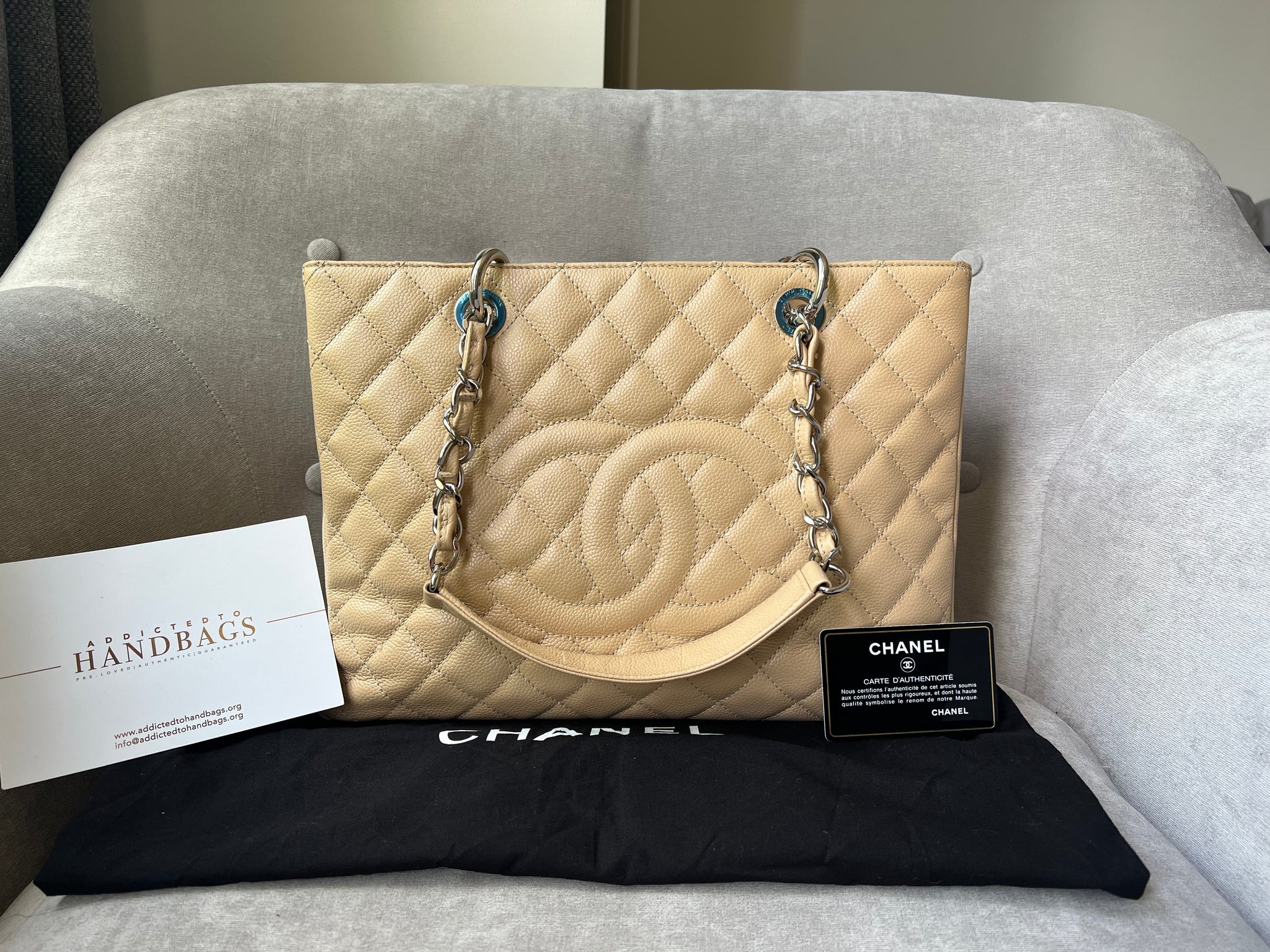 Chanel Light Beige Caviar Grand Shopper Tote with silver hardware GST