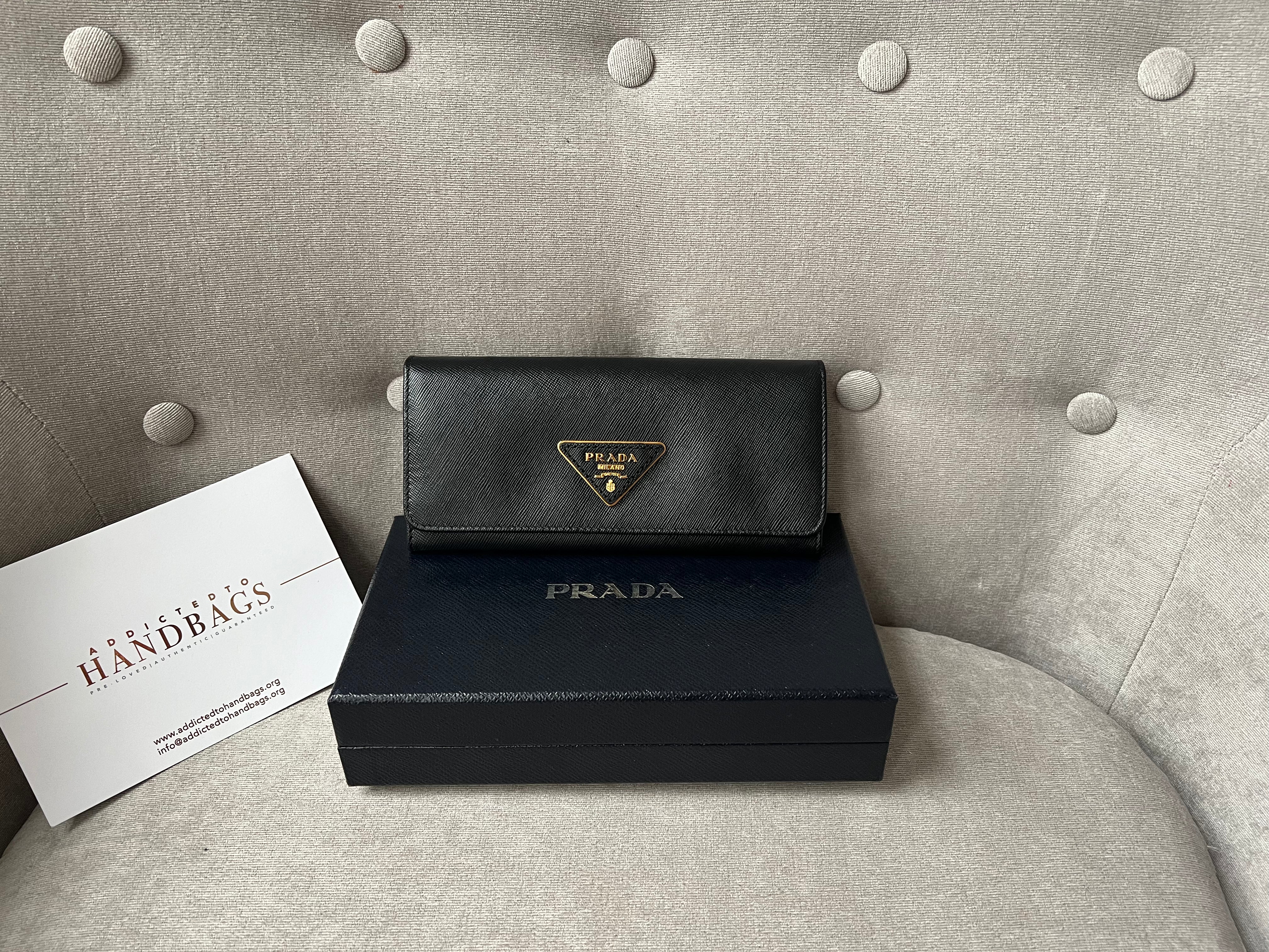 Prada Tessuto Leather Flap Wallet on Chain Black