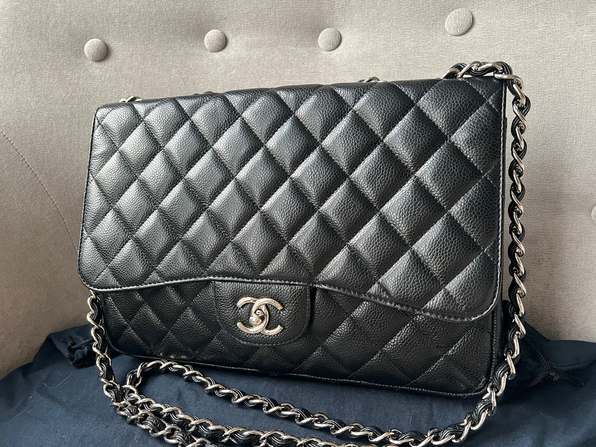 Chanel Jumbo Single Flap in Black Caviar Silver Hardware Addicted to Handbags