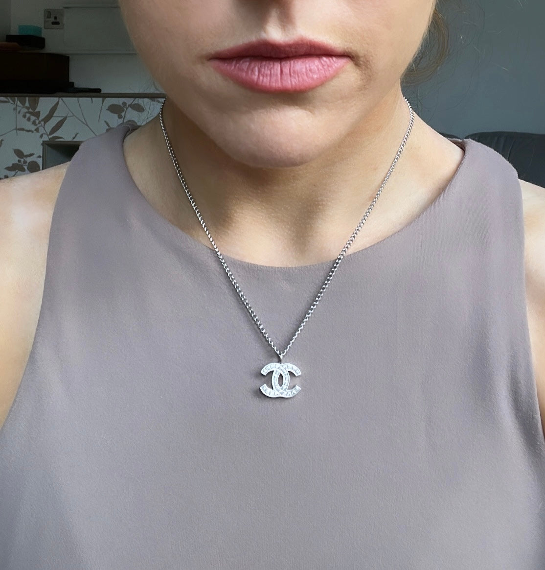 Silver Chanel Logo Necklace Chanel Pendant Cc Chanel Silver Toned